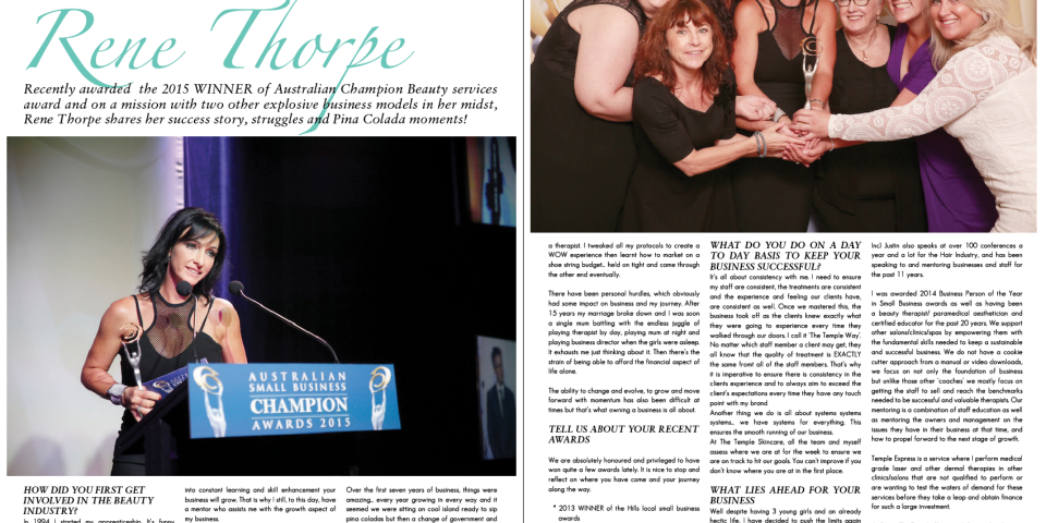 Rene Thorpe and The Temple Skincare wins local business awards 3yrs running  and now also Australian Champion awards